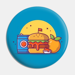 Burger with Soda, Ketchup, and Orange Fruit Cartoon Vector Icon Illustration Pin