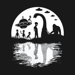 Funny Bigfoot riding loch ness monster and aliens T-Shirt