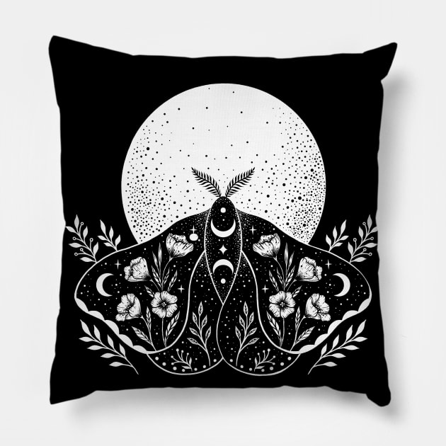 Luna and Moth - Black Pillow by Episodic Drawing