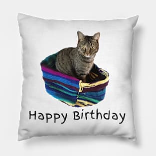 Happy Birthday Kitty in a Basket Pillow