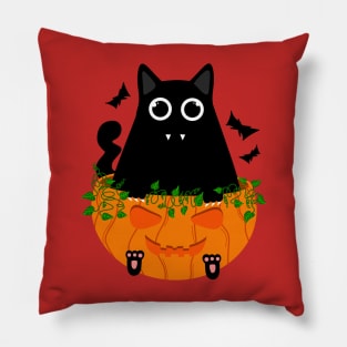 Cute Spooky Black Cat with Fangs Sits in Halloween Pumpkin Pillow