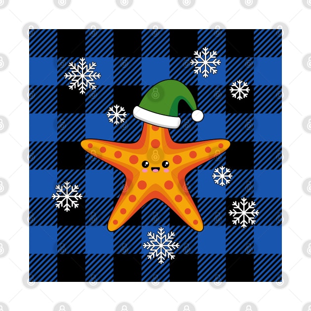 Kawaii Xmas Starfish on Blue Buffalo Pattern by BirdAtWork