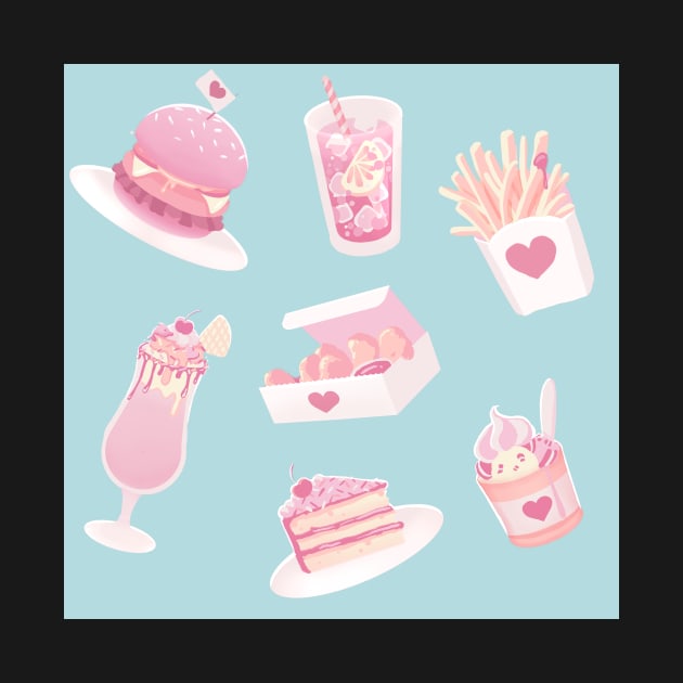 Pink Kawaii Fast Food (on blue) by Moemie