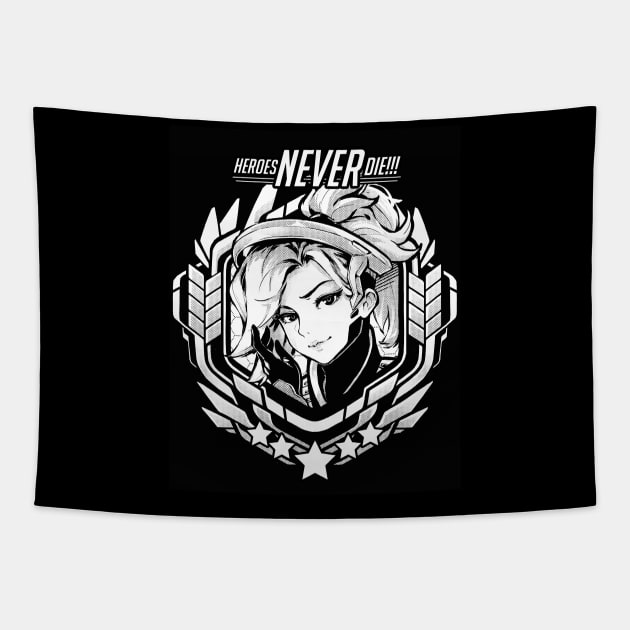 Mercy "Heroes Never Die!!" Tapestry by RobotCatArt