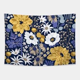 Boho garden // pattern // oxford navy blue background background very peri pastel blue yellow ivory and white flowers Tapestry