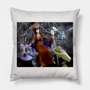 Witch warrior queen on throne with vassal and baby dragon Pillow