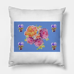 Shabby Chic Pink Rose on blue floral Pattern Pillow