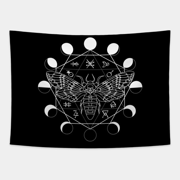 Death's Head Moth, Moon Phase, Alchemical Symbols Tapestry by RavenWake