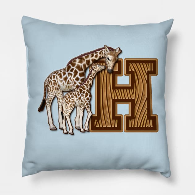 Mom and Baby Giraffe Monogram H Pillow by AlondraHanley