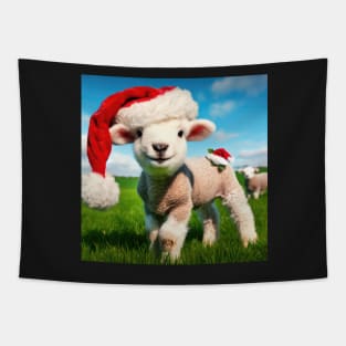 lamb in the grassy meadow wearing santa hat at christmas Tapestry