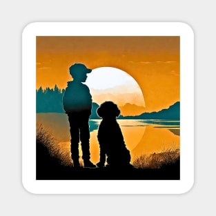 Boy and Dog Vintage Sunset Magnet