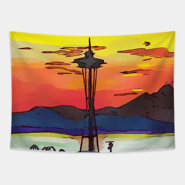 Stunning, intense red Seattle Sunset during wildfires in Canada Tapestry by WelshDesigns