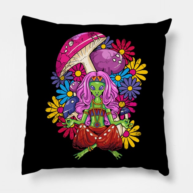Hippie Alien Girl Yoga Meditate Mushrooms Psychedelic Pillow by E
