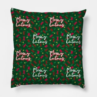 Meowy Catmas - Red and Green Christmas Cat Pattern Pillow