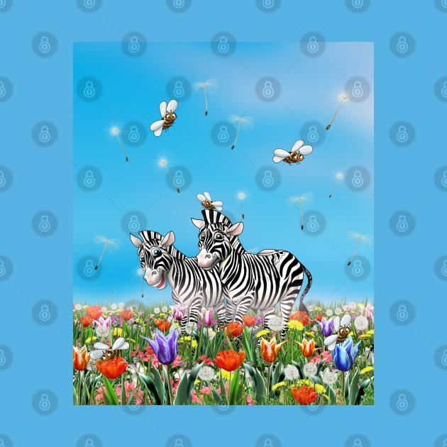 Summer Stroll, Cute Zebras, Beautiful Flowers Glad, Sunny Day, Watercolor Illustration by sofiartmedia