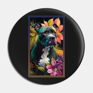 American Staffordshire Terrier Pitbull Vibrant Tropical Flower Tall Digital Oil Painting Portrait  4 Pin