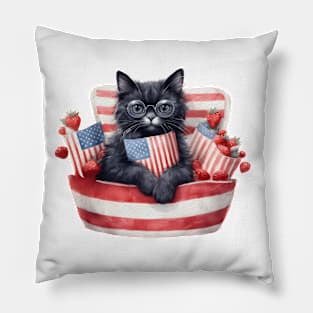 Patriotic Black Cat, 4th of July Design Pillow