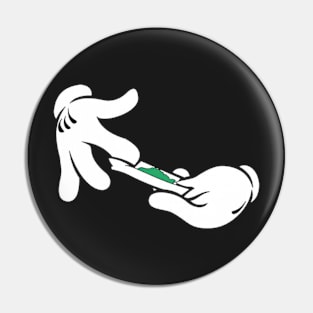 Hand of a well-known mouse rolling a green cigarette Pin