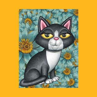 Fun Black and White Kitty Cat on teal and yellow flowers T-Shirt