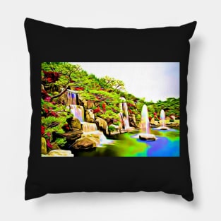 Azalea Waterfall Garden Green Aesthetic Retro Landscape Pillow