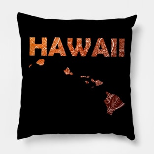 Colorful mandala art map of Hawaii with text in brown and orange Pillow