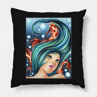 Koi Fish Underwater Ocean Girl Scene Pillow