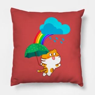 Baby tiger with green umbrella Pillow