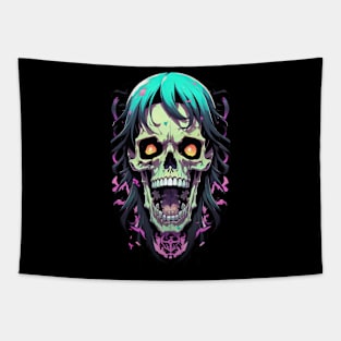 Long Haired Skull Zombie Illustration Tapestry