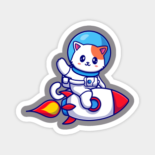 Cute Cat Astronaut Riding Rocket And Waving Hand Cartoon Magnet