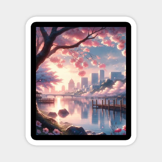 Cherry Blossom and Lake - Anime Drawing Magnet by AnimeVision