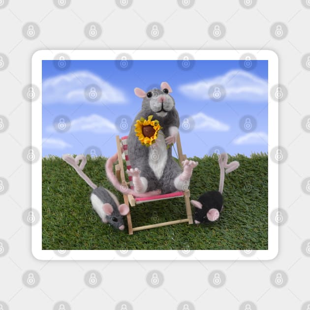 Grey Berkshire Rat and Friends - Needle Felted Rat Sunbathing on a Deck Chair Magnet by WolfySilver