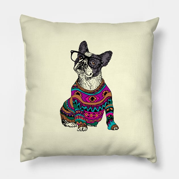 hipster frenchie Pillow by huebucket