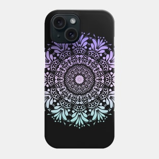 Purple and Teal Ombre Floral Leaf Mandala Flower on Black Phone Case