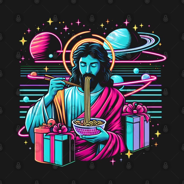 RAMEN JESUS PLANETS UNIVERSE RETRO 80'S NEON VIBE by athirdcreatives