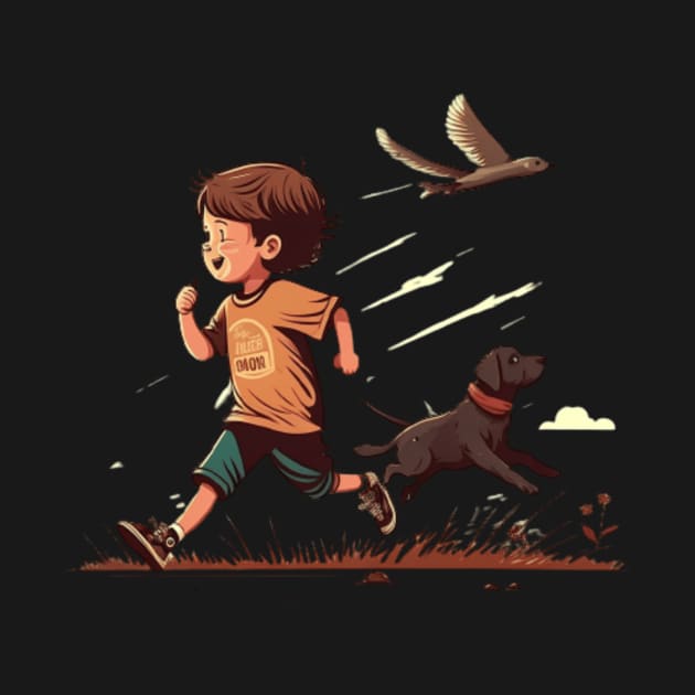 A Cute Boy Running WIth A Dog And Bird by Lost Ghost