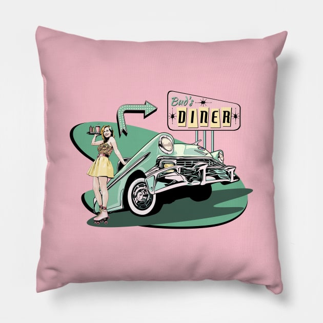 50's Diner with Roller Skating Waitress - Pink/green version Pillow by ZoeysGarage