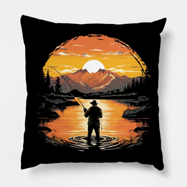 Vintage Sunset Fly Fishing Pillow by Dailygrind