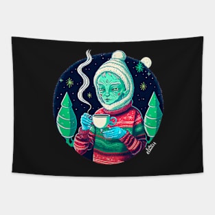 Christmas Funny Alien Drinking Coffee Wearing Sweater Tapestry