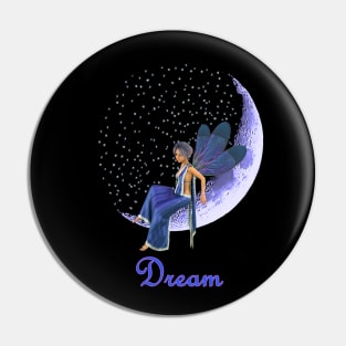 Fairy faerie elf sitting on sickle moon with stars saying dream Pin