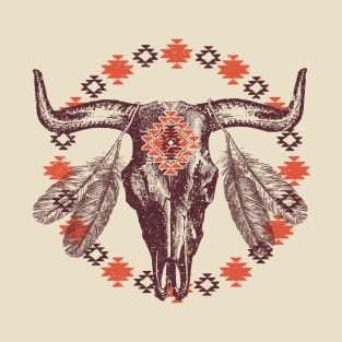 Southwestern Bull Cow Skull BOHO Feathers Aztec T-Shirt