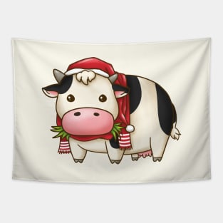 Christmas Cow in Santa Hat Tapestry