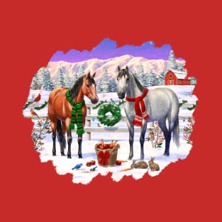 Christmas Horses Winter Farm Scene T-Shirt