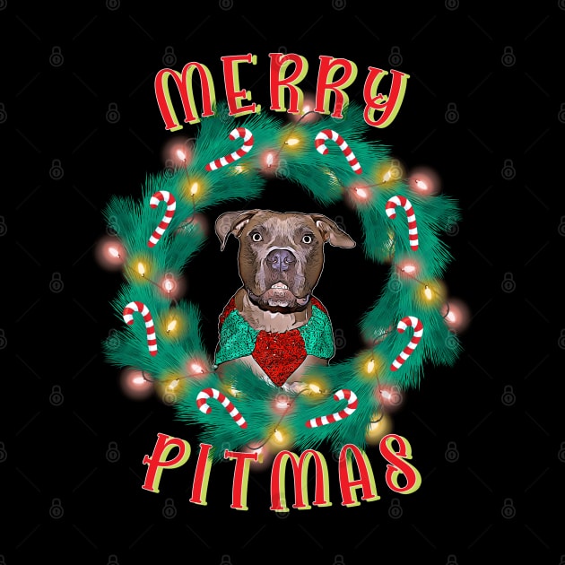 Merry Pitmas Pitbull Glowing Wreath And Candy Canes by Rosemarie Guieb Designs