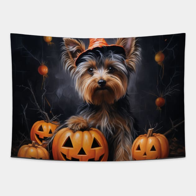 Yorkshire terrier halloween pumpkin Tapestry by NatashaCuteShop