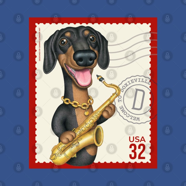 Funny Doxie playing Sax on vintage postage stamp by Danny Gordon Art