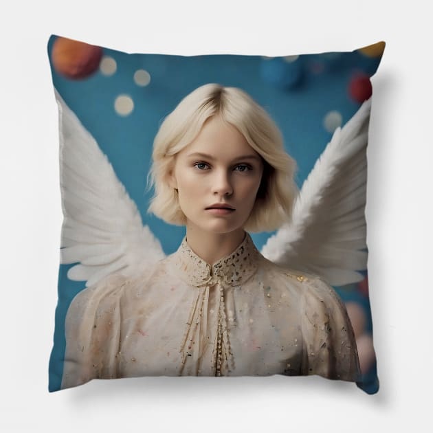 Angel on blue screen Pillow by bogfl