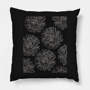 The beautiful pattern with White lineart dahlias on black background Pillow