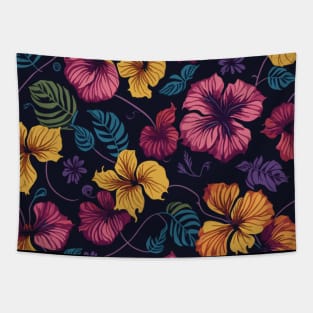 Colorful Tropical Flower and Leaves Pattern on Black Tapestry