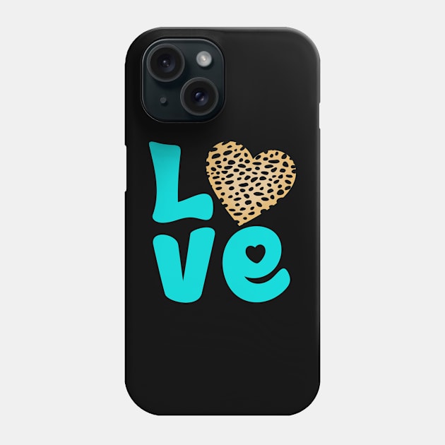 Cheetah Fur Pattern and Turquoise Hearts with Love Word Phone Case by RageRabbit