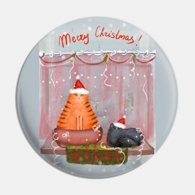 Merry Christmas greeting winter card with cute fluffy cats in red Santa hats and scarves Pin by Olena Tyshchenko